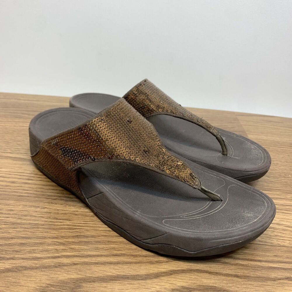 Fitflop Womens 7 Lulu Sequin‎ Sandals Shoes Bronze Thong Platform Wedge Comfort